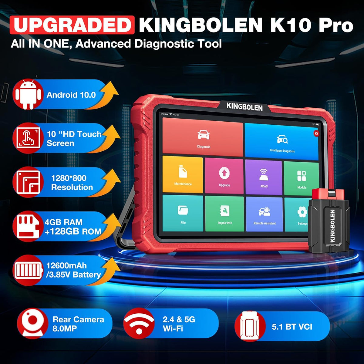 KINGBOLEN K10 PRO OBD2 diagnoseapparaat, bidirectioneel OE-niveau, alle systemen, OBD2-diagnoseapparaat voor de auto, met topologiekaart, ECU-codering, diagnoseapparaat auto met FCA Can FD en DOIP, 50