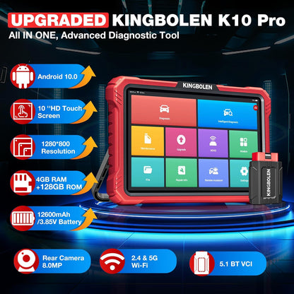 KINGBOLEN K10 PRO OBD2 diagnoseapparaat, bidirectioneel OE-niveau, alle systemen, OBD2-diagnoseapparaat voor de auto, met topologiekaart, ECU-codering, diagnoseapparaat auto met FCA Can FD en DOIP, 50