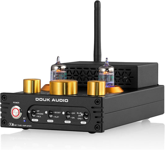 Douk Audio X1 buisversterker, HiFi Bluetooth 5.0 versterker, GE5654 klep stereo audioversterker, MM phonoversterker, 160Wx2 TDA7498E chip, treble & bas bedieningsknopf