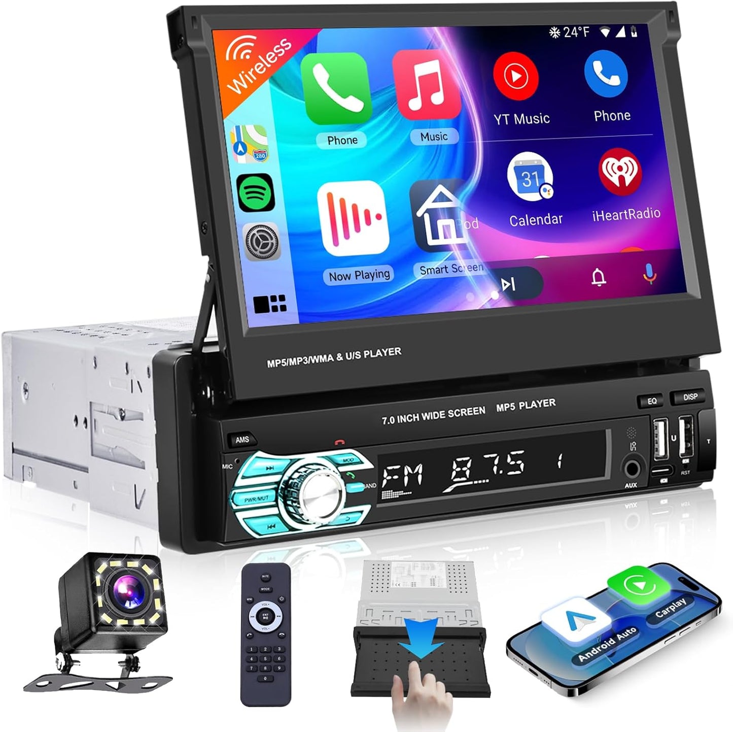 Podofo Draadloze Carplay Autoradio 1Din met 7'' Uitschuifbaar Display Handmatig Scherm Draadloos Android Auto Bluetooth 5.1 FM 2USB/AUX/SD/Stuurbediening met Achteruitrijcamera Stuurbediening