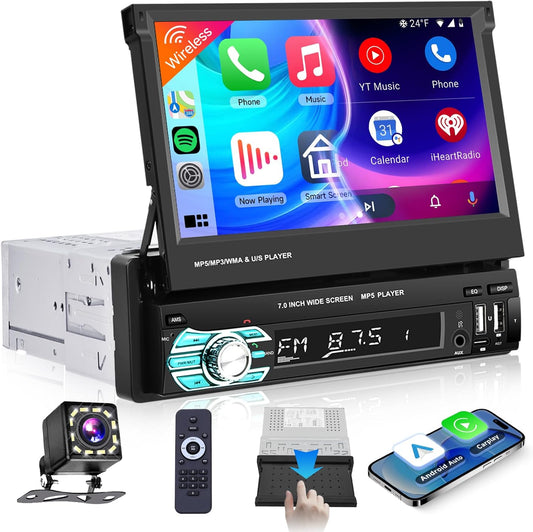Podofo Draadloze Carplay Autoradio 1Din met 7'' Uitschuifbaar Display Handmatig Scherm Draadloos Android Auto Bluetooth 5.1 FM 2USB/AUX/SD/Stuurbediening met Achteruitrijcamera Stuurbediening