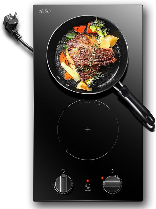 Hobsir Inductieplaat met knoppen, elektrische kookplaat met stopcontact, dubbele zones, inbouwkookplaat, 30 cm, bediening met knoppen, kooktafel 2 kookplaten, stopcontact, 230 V