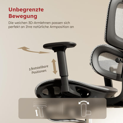 Ergonomische Bureaustoel – Bureaustoel Kantoorstoel Werkstoel Stoel Meshstoel – Volledig Mesh Design – Afneembaar Zitkussen – Uittrekbare Voetensteun – 3D Verstelbare Armleuningen – Zelfaanpassende Lendensteun – 360° Draaibaar – Lichtgrijs