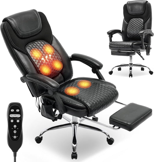 COLAMY Ergonomische managersstoel van leer met 6-punts massage en 3-traps verwarmingsfunctie, in hoogte verstelbaar, verstelbare rugleuning, uittrekbare voetensteun, kantoor en thuiskantoor, zwart