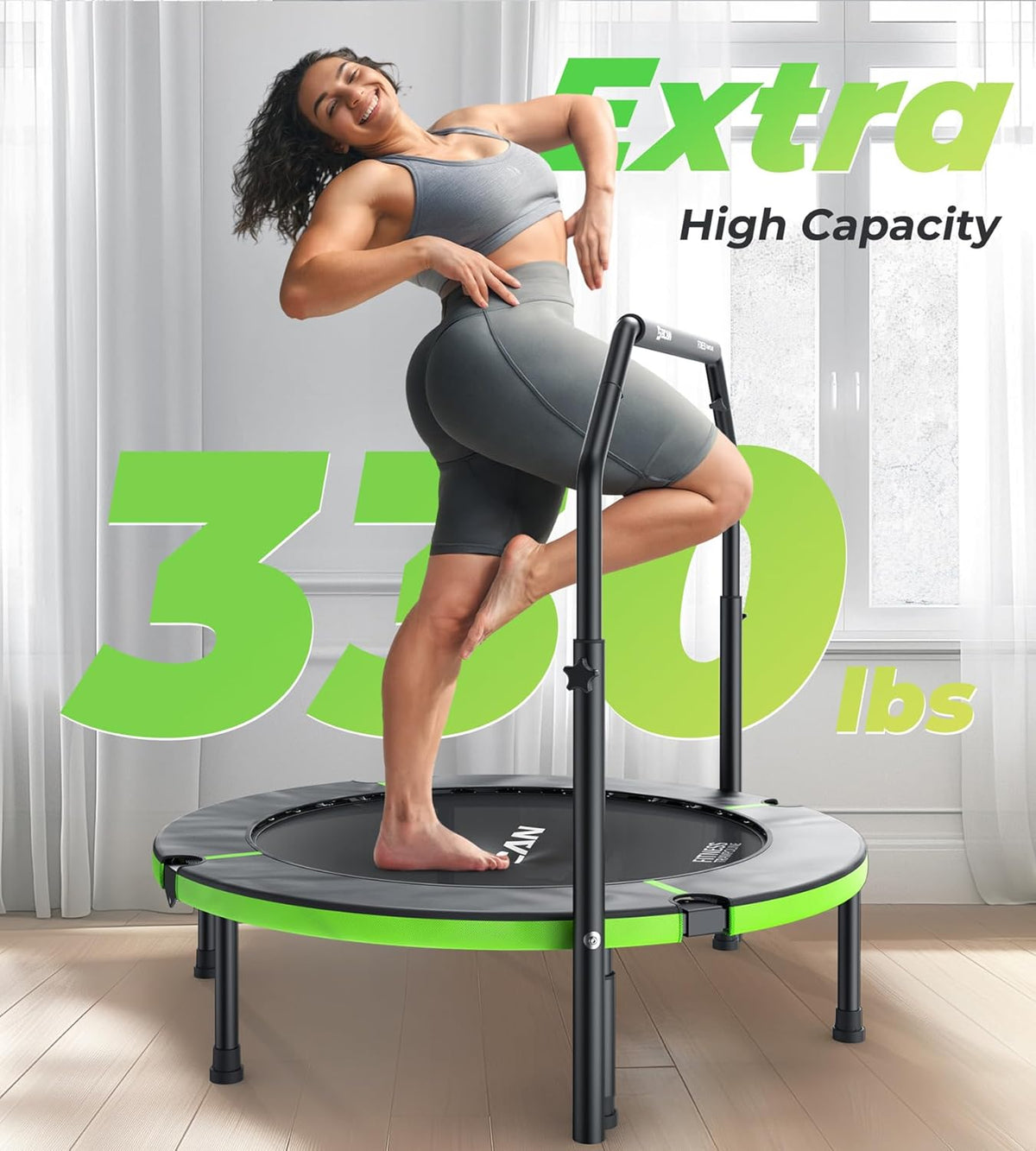 BCAN Indoor trampoline, 102 cm fitness minitrampoline, opvouwbaar, voor volwassenen met verstelbare handgreep, maximale belasting 150 kg, ideaal voor hometraining en fitnesstraining