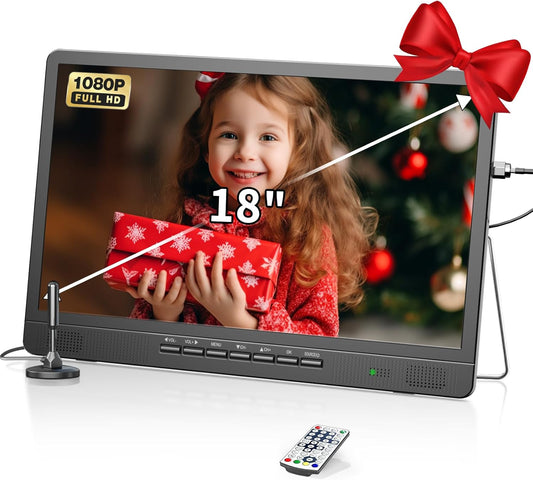Desobry Draagbare 45,7 cm (18 inch) mini-lcd-tv met DVB/T2-tuner, 12 V, HD 1080P, voor camping buiten, slaapkamer, keuken, ondersteunt USB/HDMI/AV-ingangen