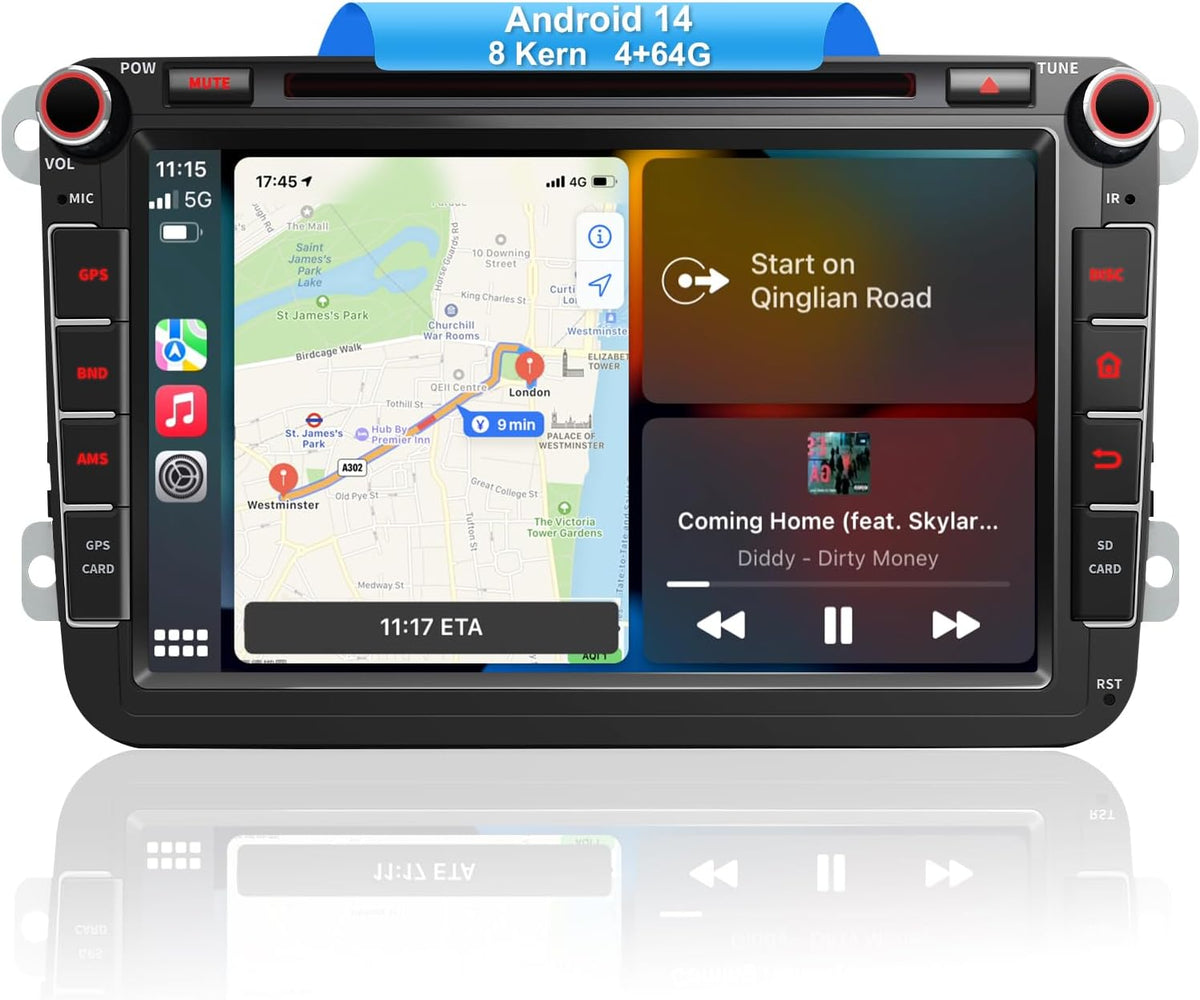 8 inch 4G + 64G Android 14 autoradio met navigatie voor VW T5 Golf 5 6 Polo Sharan Seat Passat Tiguän, dubbele DIN-radio, IPS-scherm, mediareceiver met CarPlay Android Auto Bluetooth PDC RDS-CD