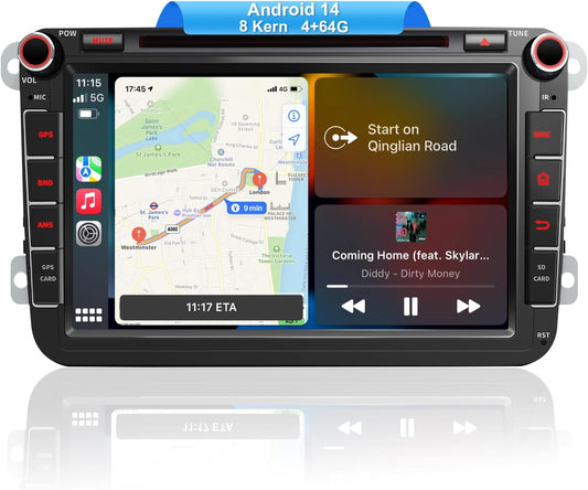 8 inch 4G + 64G Android 14 autoradio met navigatie voor VW T5 Golf 5 6 Polo Sharan Seat Passat Tiguän, dubbele DIN-radio, IPS-scherm, mediareceiver met CarPlay Android Auto Bluetooth PDC RDS-CD