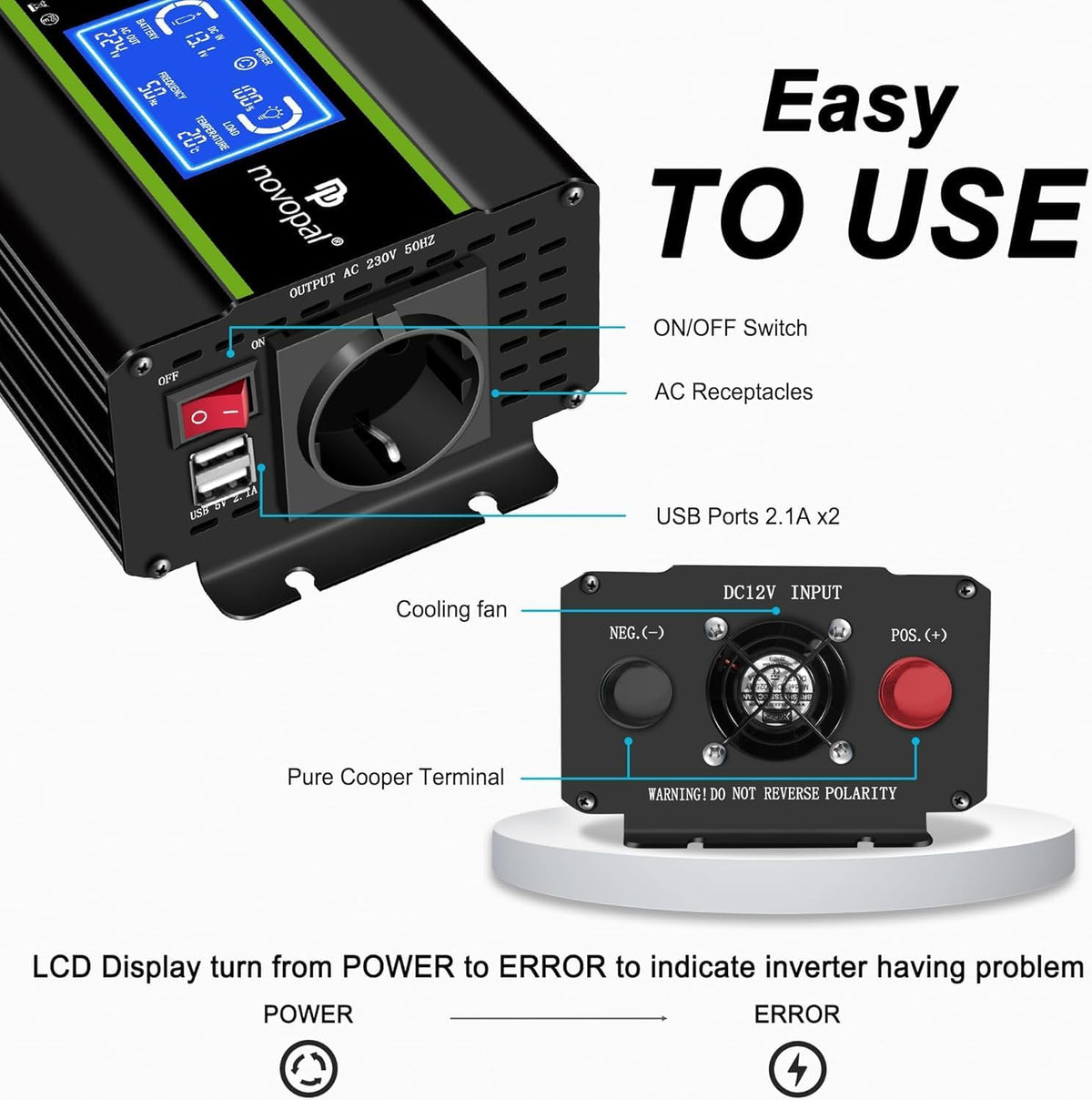 NOVOPAL 500 W omvormer 12 V naar 230 V 220 V zuivere sinus spanningsomvormer met intelligent LCD-scherm - EU-stekker met USB-uitgang
