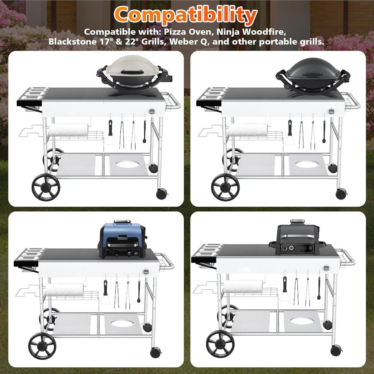 GFTIME 128 x 64 x 78 cm grillwagen serveerwagen voor Weber Q-serie, Ninja Woodfire, pizzaoven, tafelgrill, grilltafel met groot werkblad, outdoor serveerwagen tuin trolley