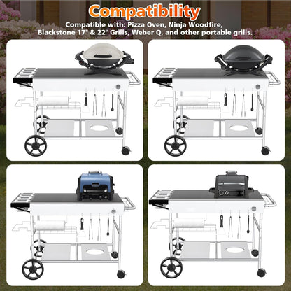 GFTIME 128 x 64 x 78 cm grillwagen serveerwagen voor Weber Q-serie, Ninja Woodfire, pizzaoven, tafelgrill, grilltafel met groot werkblad, outdoor serveerwagen tuin trolley
