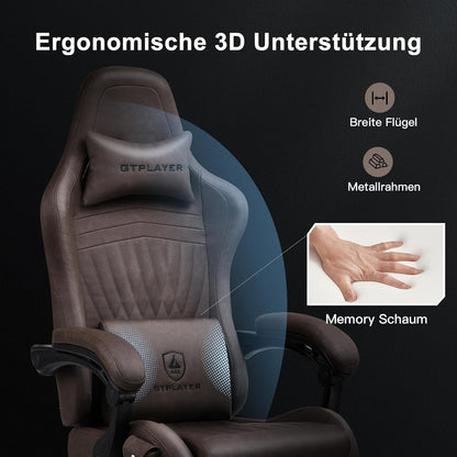 GTPLAYER Leather Game Chair, Ergonomic Game Chair, Desk Chair with Footrest, Speaker, Adjustable Headrest and Lumbar Support, Tilting Backrest, Light Brown - QUORE