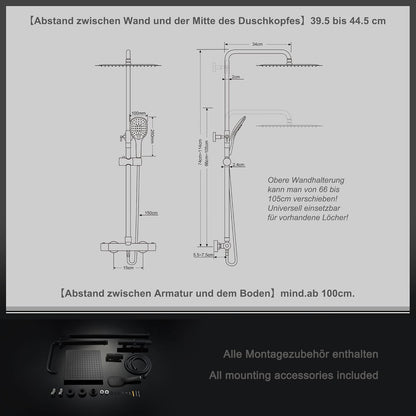 Douchesysteem – Doucheset – Regendouche – Thermostaatkraan – Douchekolom – Hoogte Verstelbaar – 30x30 cm Regendouchekop – Veiligheidsstop 38°C