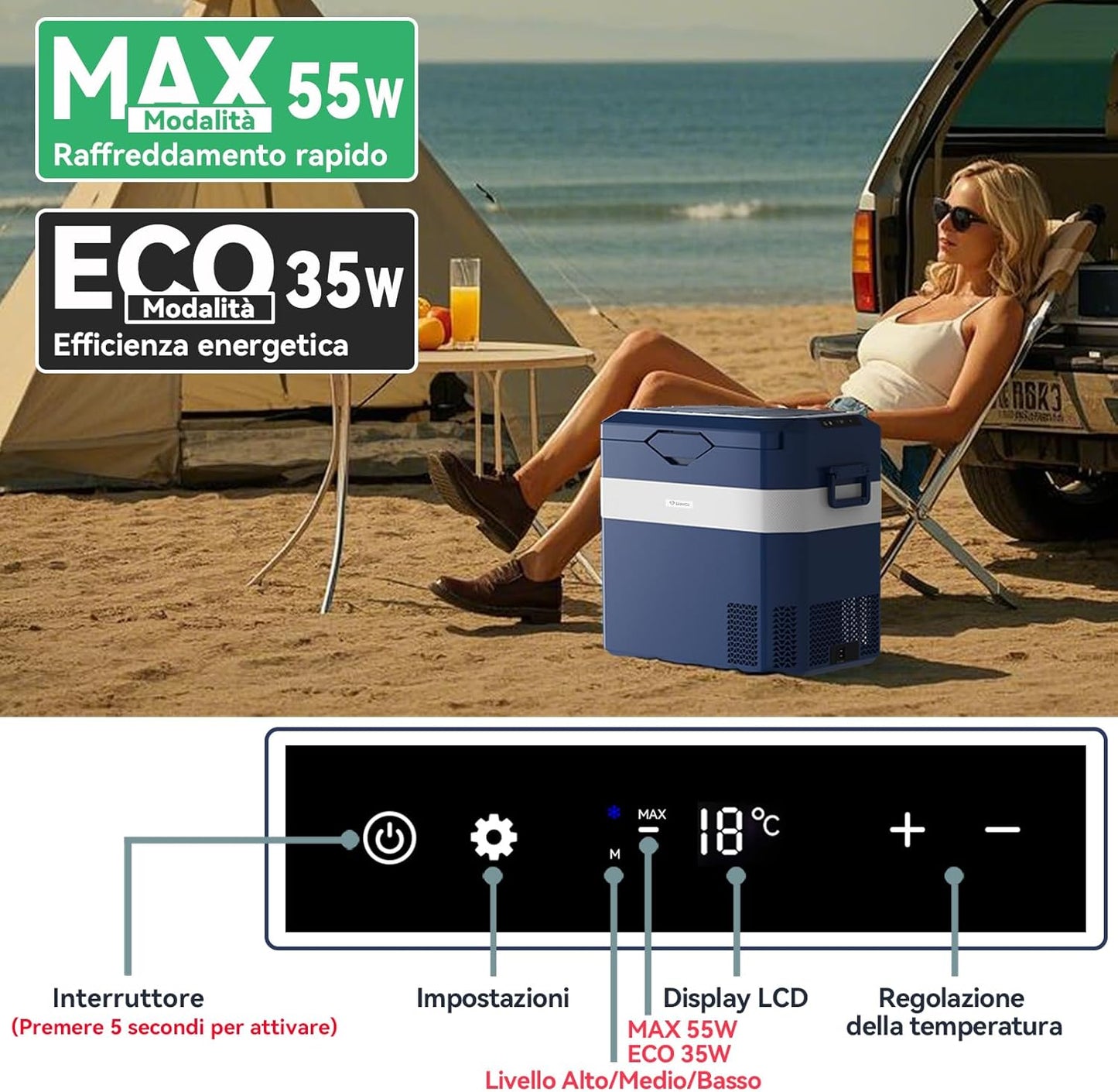 BINGI Compressor Koelbox, 38 Liter Draagbare Auto Koelkast, 12/24 V DC en 230 V AC voor Auto, Vrachtwagen, Camping, Camper en Stopcontact