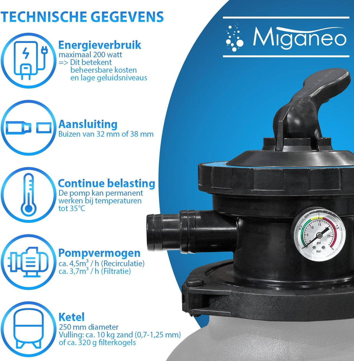 Miganeo Dynamic 6500 Sand Filter System, Pump Power 4.5 m3, Blue, Grey, Black, for Pools Grey