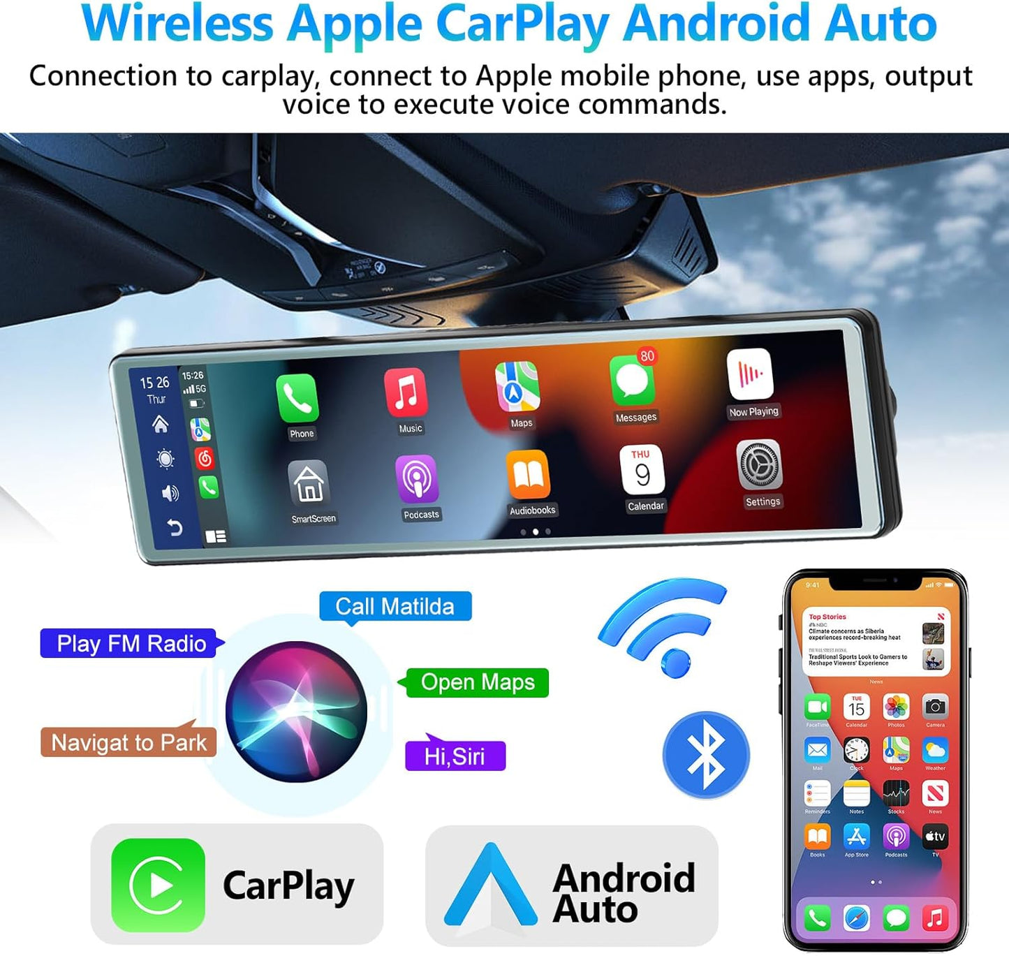 Podofo spiegel dashcam met achteruitkijkcamera met Apple Carplay Android Auto 11,26 inch IPS touchscreen Dual 1080P achteruitkijkspiegel dashcam dashcam auto, 2 gedeelde schermen, Bluetooth