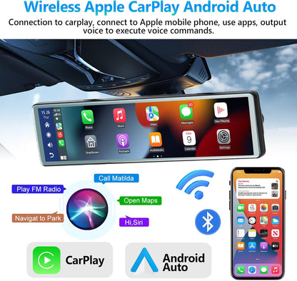 Podofo spiegel dashcam met achteruitkijkcamera met Apple Carplay Android Auto 11,26 inch IPS touchscreen Dual 1080P achteruitkijkspiegel dashcam dashcam auto, 2 gedeelde schermen, Bluetooth