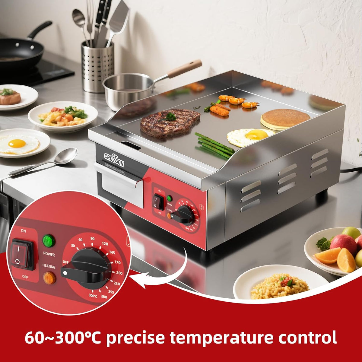 CROSSON Professionele Gastro Grillplaat 2000W,Elektrische Grill van Roestvrij Staal,Glad Oppervlak Kookoppervlak 36 x 40 cm,temperatuur 88-300 °C,Inclusief Spatel