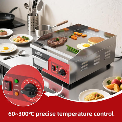 CROSSON Professionele Gastro Grillplaat 2000W,Elektrische Grill van Roestvrij Staal,Glad Oppervlak Kookoppervlak 36 x 40 cm,temperatuur 88-300 °C,Inclusief Spatel