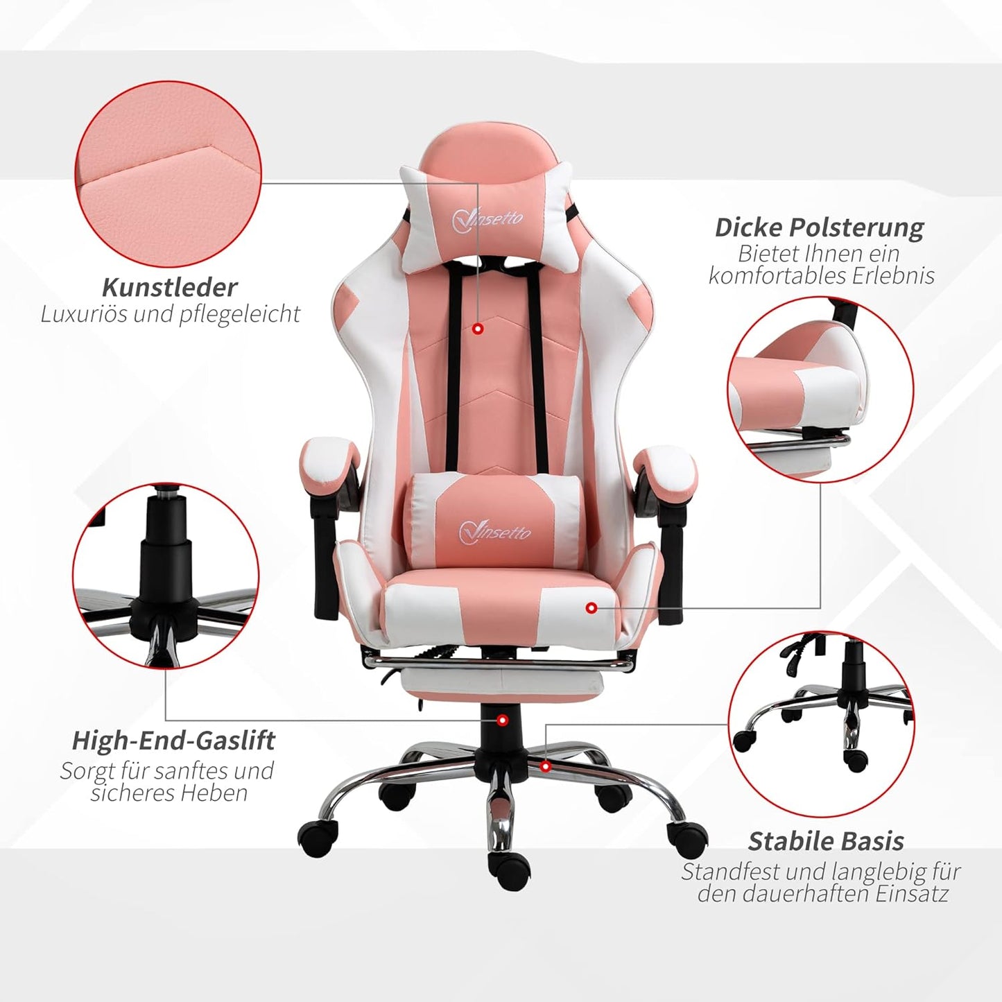 Vinsetto Gaming Chair, Ergonomic Office Chair with Headrest, Massage Lumbar Cushion, Footrest, Swivel Gaming Chair, PC Chair with Connecting Armrests, Tilt Function, Pink - QUORE