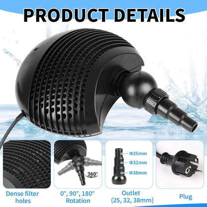 DBREAKS Vijverpomp voor buiten, 155 W, 10.000 l/h, vijverpomp met kabel 10 m, energiebesparend, verstelbare tuinfilterpomp, 320 x 215 x 120 mm, voor koi, beek, watervallen