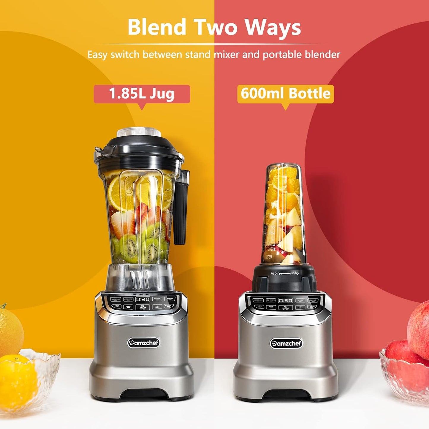 AMZCHEF 2 IN1 Blender met Kan van 1850 ml en 600 ml voor Twee Mengstanden - 2000 Watt Smoothie Blender met Stamper en 6 Professionele Messen 22000 Omwentelingen - Grijs