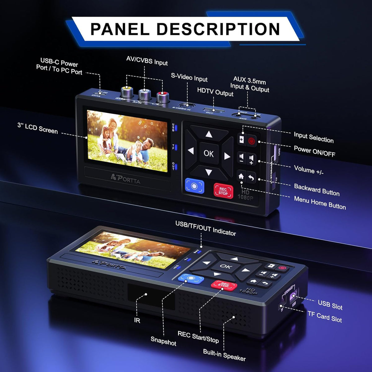 PORTTA VHS naar digitale converter, video naar digitaal recorder met afstandsbediening, compatibel met VHS, videorecorder, DVR, DVD, Hi8, Mini DV, camcorder, cassettetape, gameconsoles
