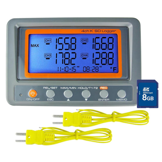 DANOPLUS Digitale 4 Kanalen K-Type Thermokoppel Thermometer met SD-kaart Datalogger Functie, Programmeerbaar Hoog/Lage Limiet Alarm, Multi Kanalen Temperatuursensor Temperatuur Recorder