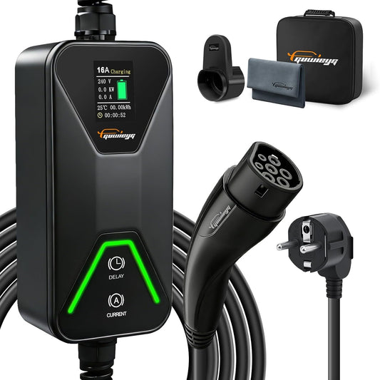 Type 2 laadkabel Schuko 3,5 kW, 6-16 A, 6 m instelbare stroom, IEC 62196 draagbare lader voor PHEV/EV met draagtas, IP66 waterdicht