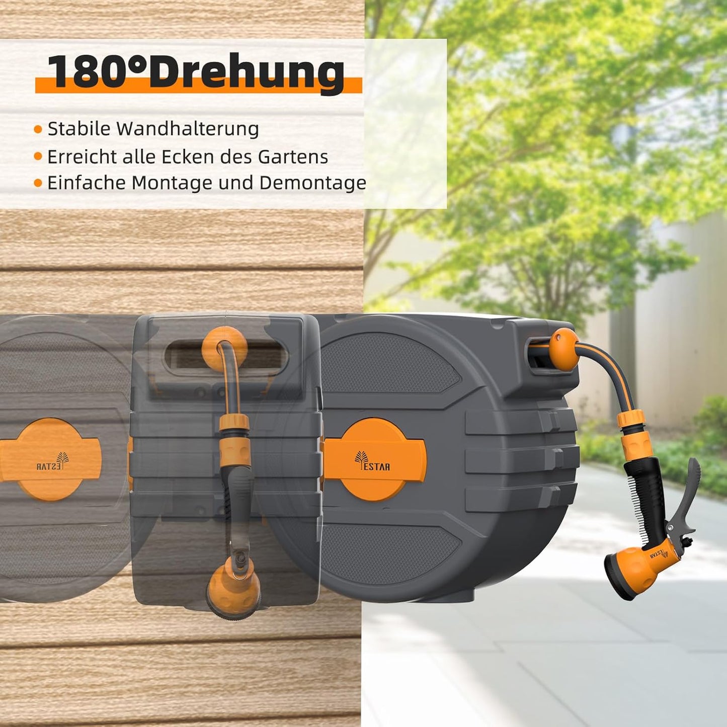 Slanghaspel, 25 m + 2 m, slanghaspel met oprolmechanisme, 180 graden draaibaar, wandslangbox met vergrendelingsstop en sproeikop met 7 patronen, voor tuinirrigatie en autowassen