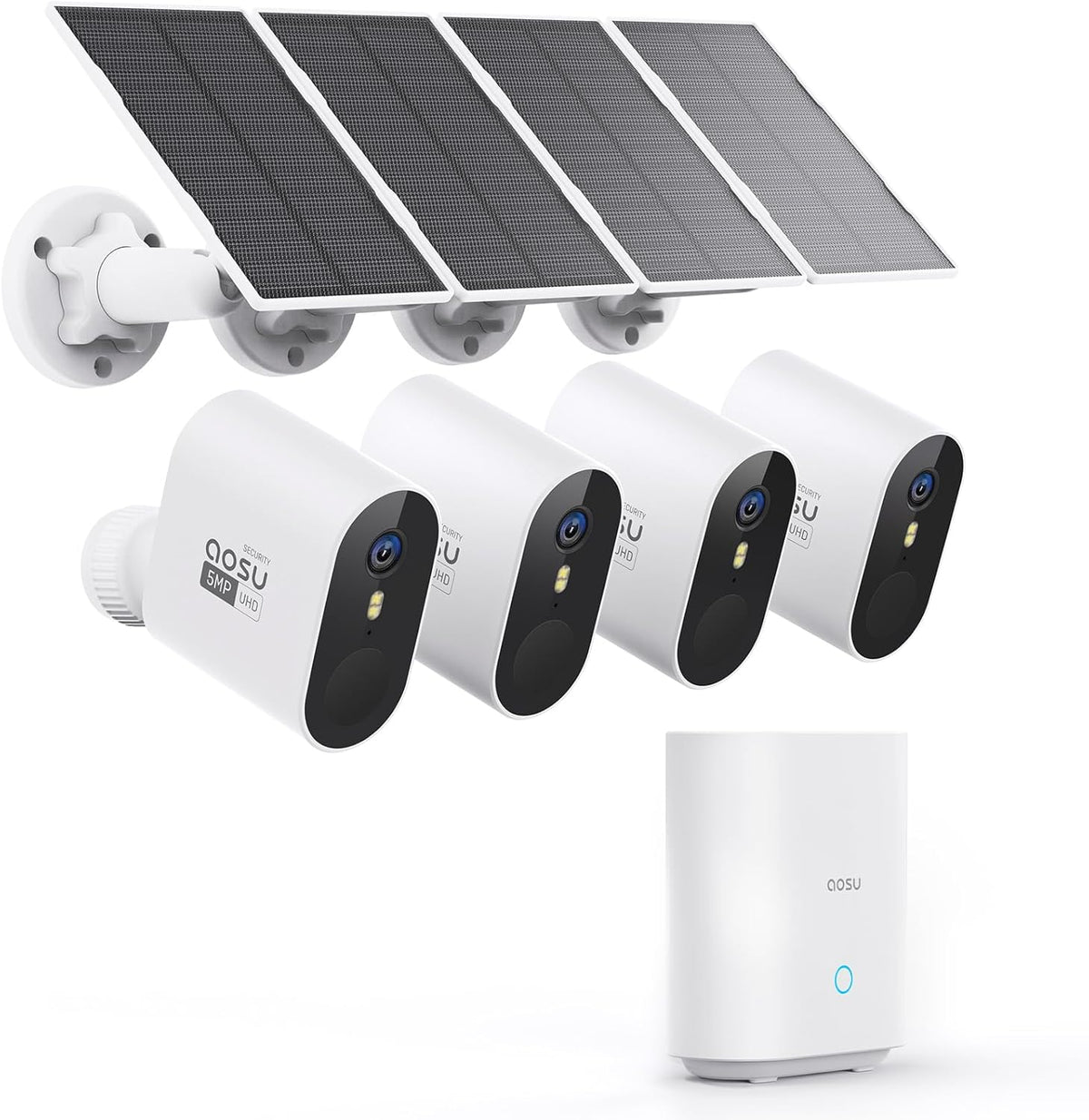 aosu 3K Beveiligingscamera buiten draadloos met batterij aangedreven zonne-energie, 4 bewakingscamera's Home Security System Set 32 GB lokaal record, bewegingssensor, IP67, kleur nachtzicht