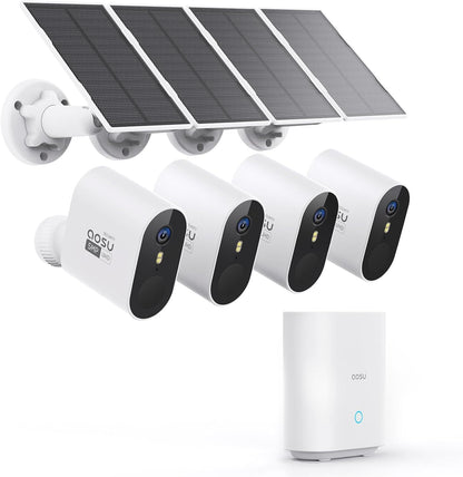 aosu 3K Beveiligingscamera buiten draadloos met batterij aangedreven zonne-energie, 4 bewakingscamera's Home Security System Set 32 GB lokaal record, bewegingssensor, IP67, kleur nachtzicht