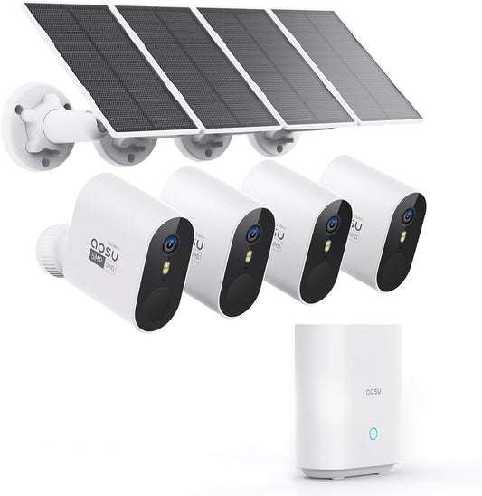aosu 3K Beveiligingscamera buiten draadloos met batterij aangedreven zonne-energie, 4 bewakingscamera's Home Security System Set 32 GB lokaal record, bewegingssensor, IP67, kleur nachtzicht