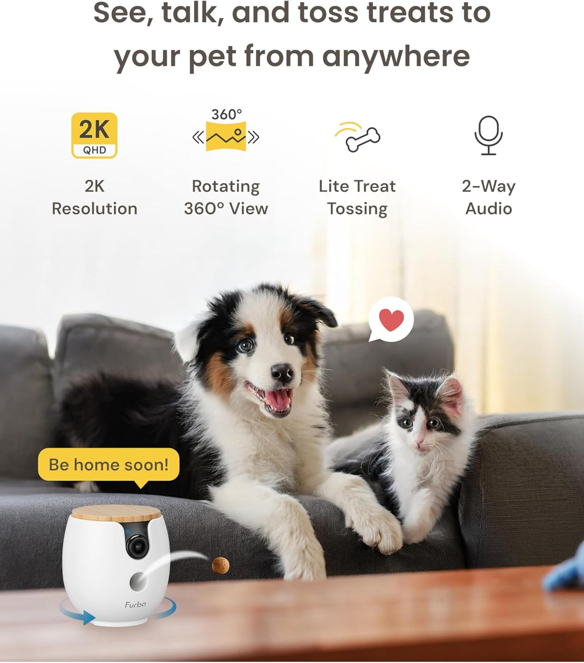 Furbo Mini 360° NIEUWE Pet Camera: Home Security Camera w/Barking/Meowing Alerts, Rotating Pet Treat Dispenser w/Phone App, Smart Indoor Cam with 2-Way Speaker & Night Vision (Geen abonnement vereist)