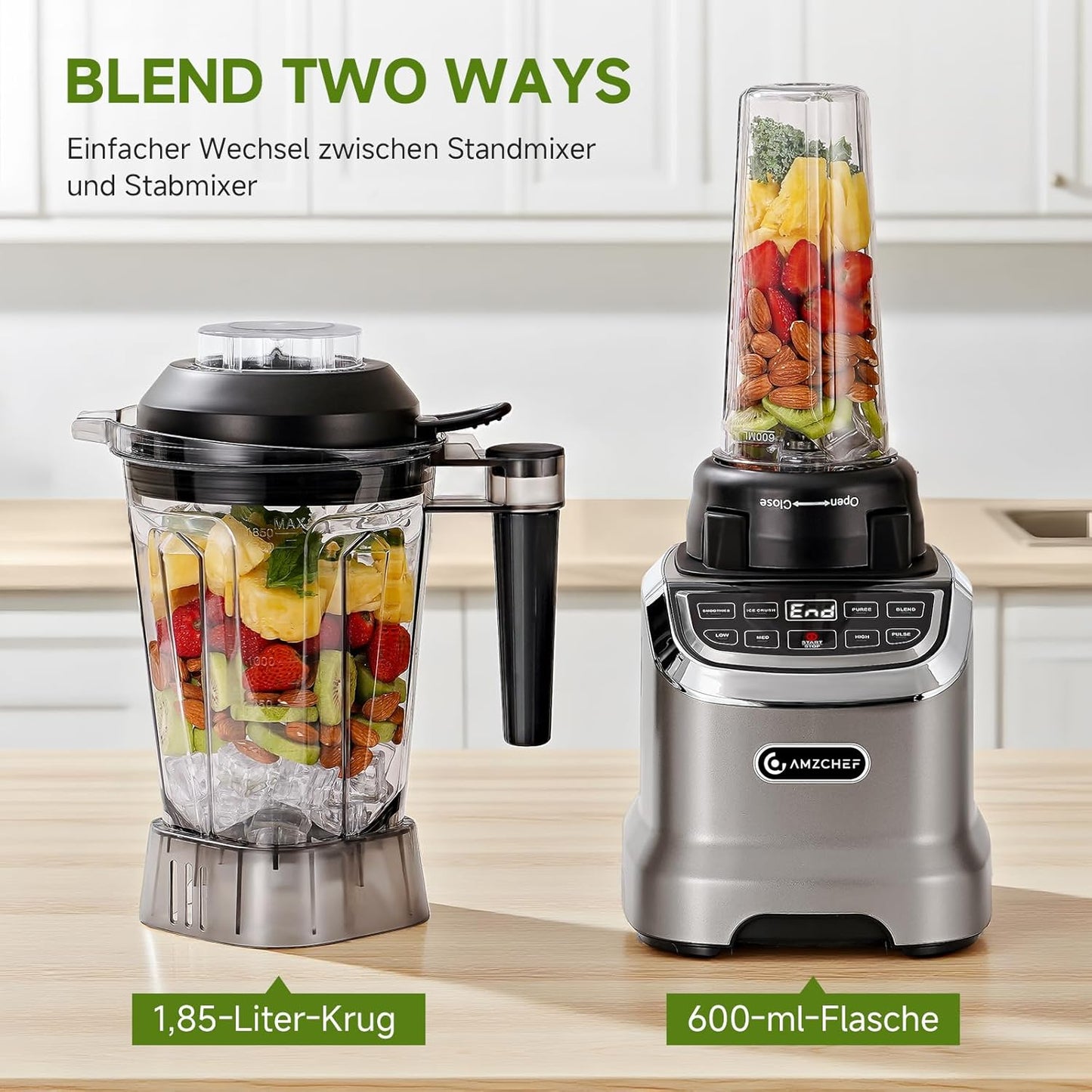 AMZCHEF 2-in-1 blender met twee mengcontainers, blender, krachtige mixer 1800 watt, 1,85 liter en 600 ml, smoothiemaker met 6 messen, draagbare bullet mixer van 600 ml met deksel
