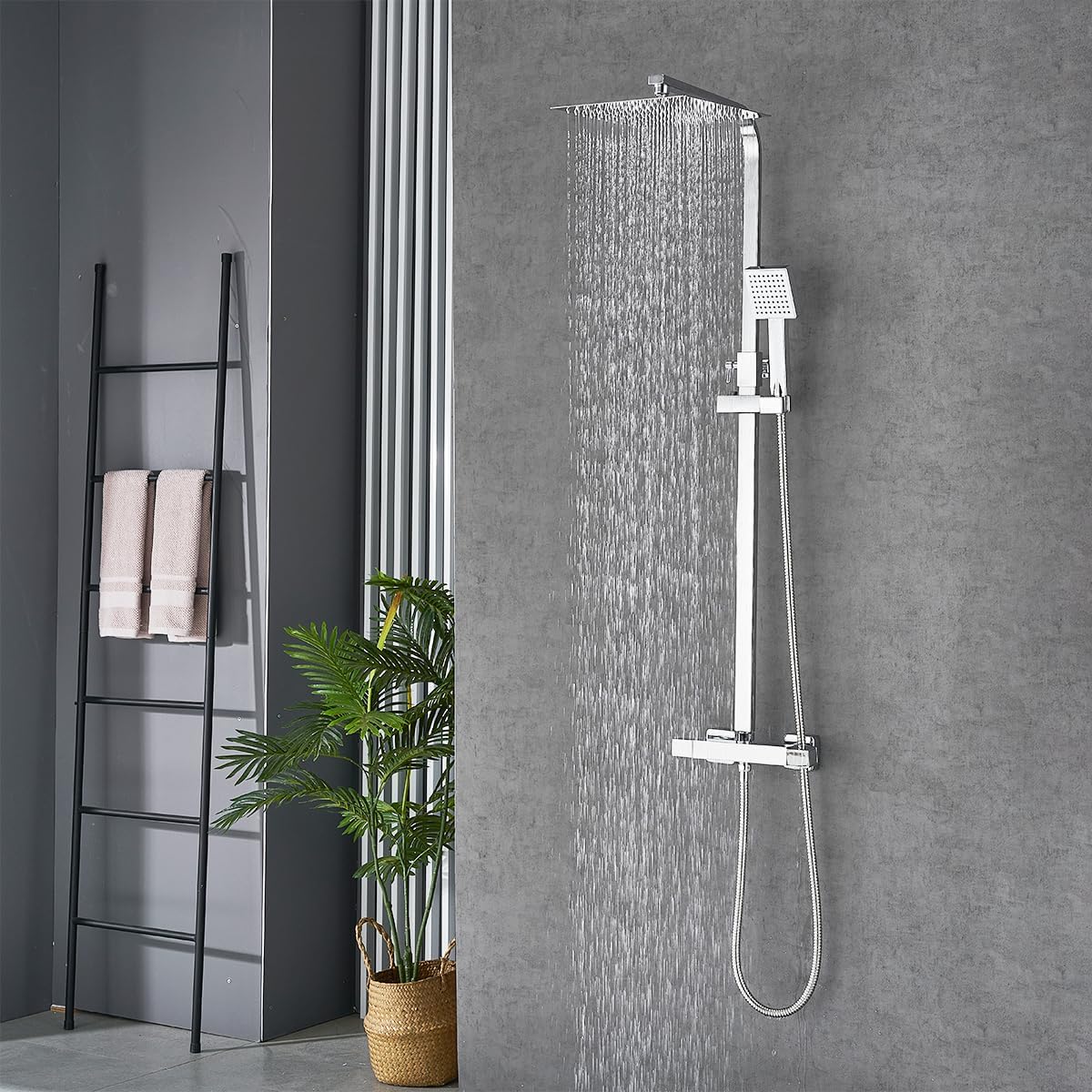 Doucheset – Regendouche – Thermostaatkraan – Handdouche – Douchestang – Chroom – Vierkante Hoofddouche 25x25 cm – Roestvrijstalen Glijstang