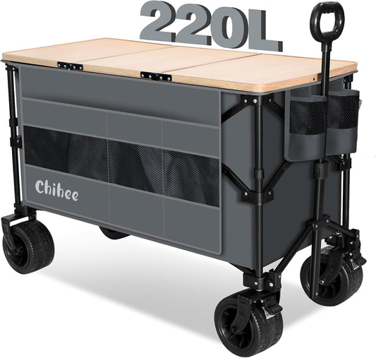 Chihee Handwagen, tuinwagen, inklapbaar, buiten, hulpprogrammawagen, strandwagen, 220 l, zeer belastbaar, draagbaar, alle terreinwielen, oversized tas, 1 inklapbaar bureau, 2 bekerhouders