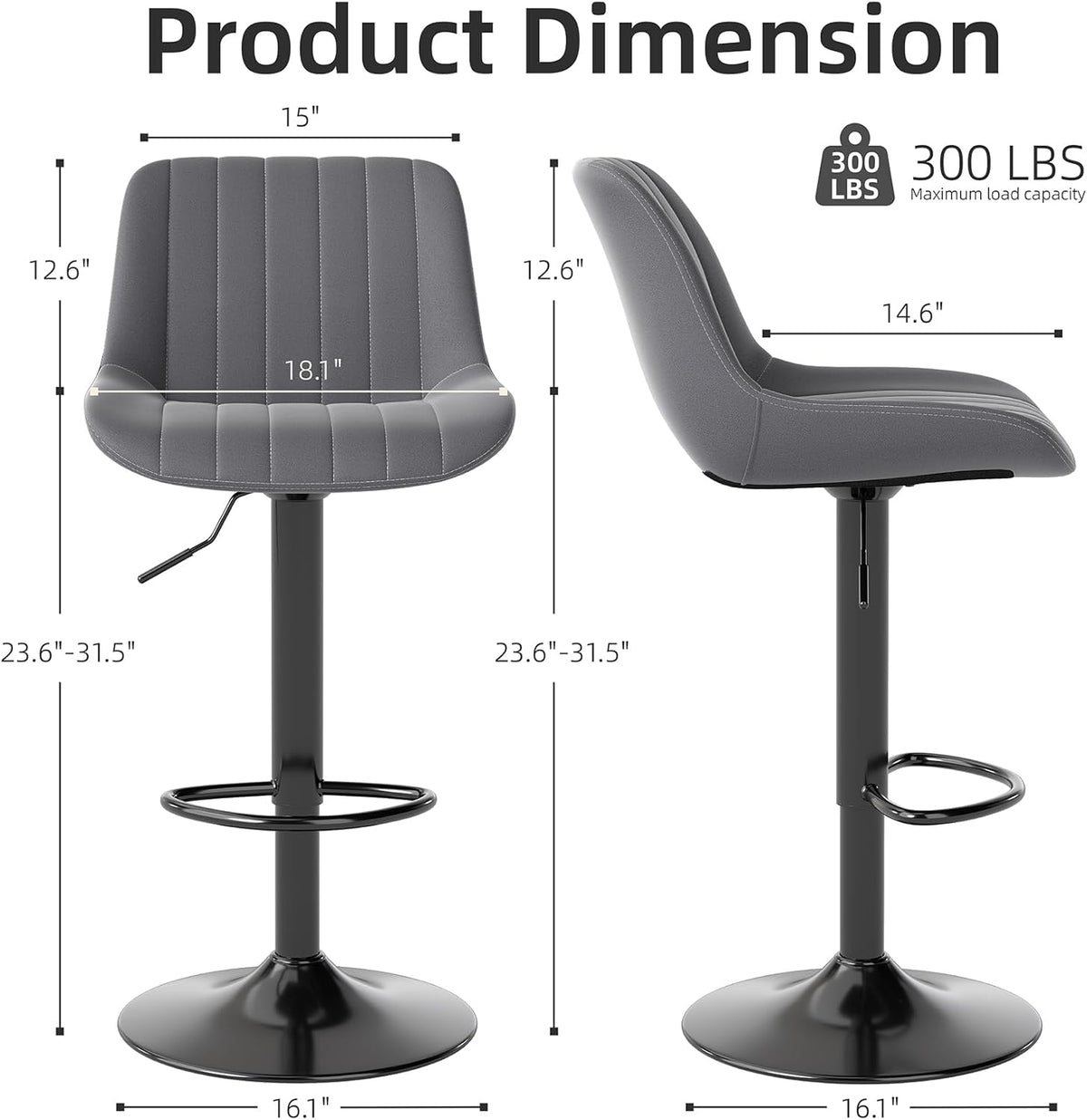 Youhauchair Barkrukken Set van 2, In Hoogte Verstelbare Barkruk met Rugleuning, PU Lederen Barstoelen Bar Stool, Moderne Barstoel Keuken Kruk, Donkergrijs