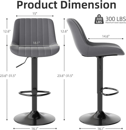Youhauchair Barkrukken Set van 2, In Hoogte Verstelbare Barkruk met Rugleuning, PU Lederen Barstoelen Bar Stool, Moderne Barstoel Keuken Kruk, Donkergrijs