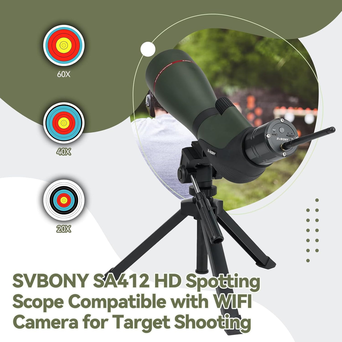 Svbony SA412 20-60x80 Spotting Scopes met WIFI-Camera, HD-Spotting Scope met Desktop Statief, Schuine Lange Afstand Spotter Scope, FMC Waterdichte Mistbestendige Spotting Scope voor Doelschieten