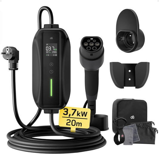 dé Type 2 laadkabel Schuko 3,68kW [1-fase, 20m, 6-16A], EV-laders met regelbaar digitaal display voor elektrische auto's, EV-lader voor 3008/508, C5X, Q3, X3, ZOE, ID.3, ID.4 en andere PHEV/EV