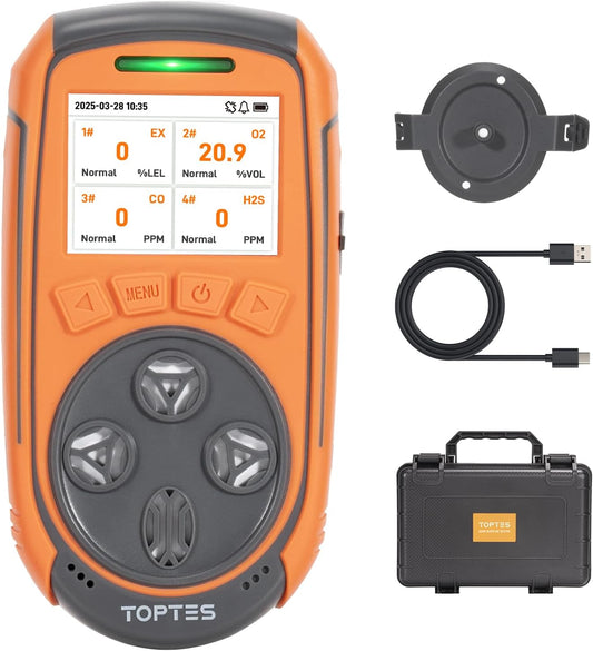TopTes Guard-863Pro Gasmelder, 4-gas-monitor voor H2S, CO, LEL en O2, met TFT-kleurendisplay, verbeterde O₂-sensor (5 jaar), USB-gegevensexport, 18 uur batterijduur, betrouwbaar voor werk en thuis