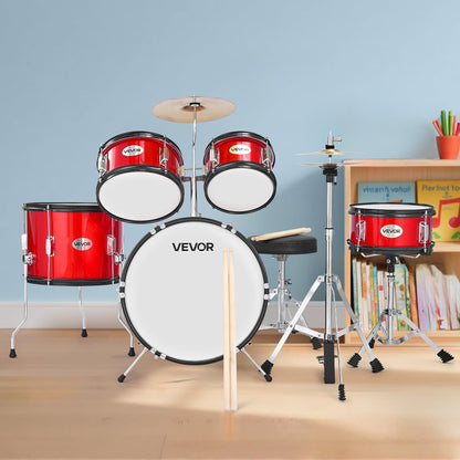 VEVOR Kinderdrumset, 5-delige 16" Junior Drumsets, Beginner Drums Set met Verstelbare Troon, Bekken & Twee Paar Drumsticks, Muzikaal Leren Drums Instrumenten Kit, voor Kinderen Leeftijd 6-13 (Rood)