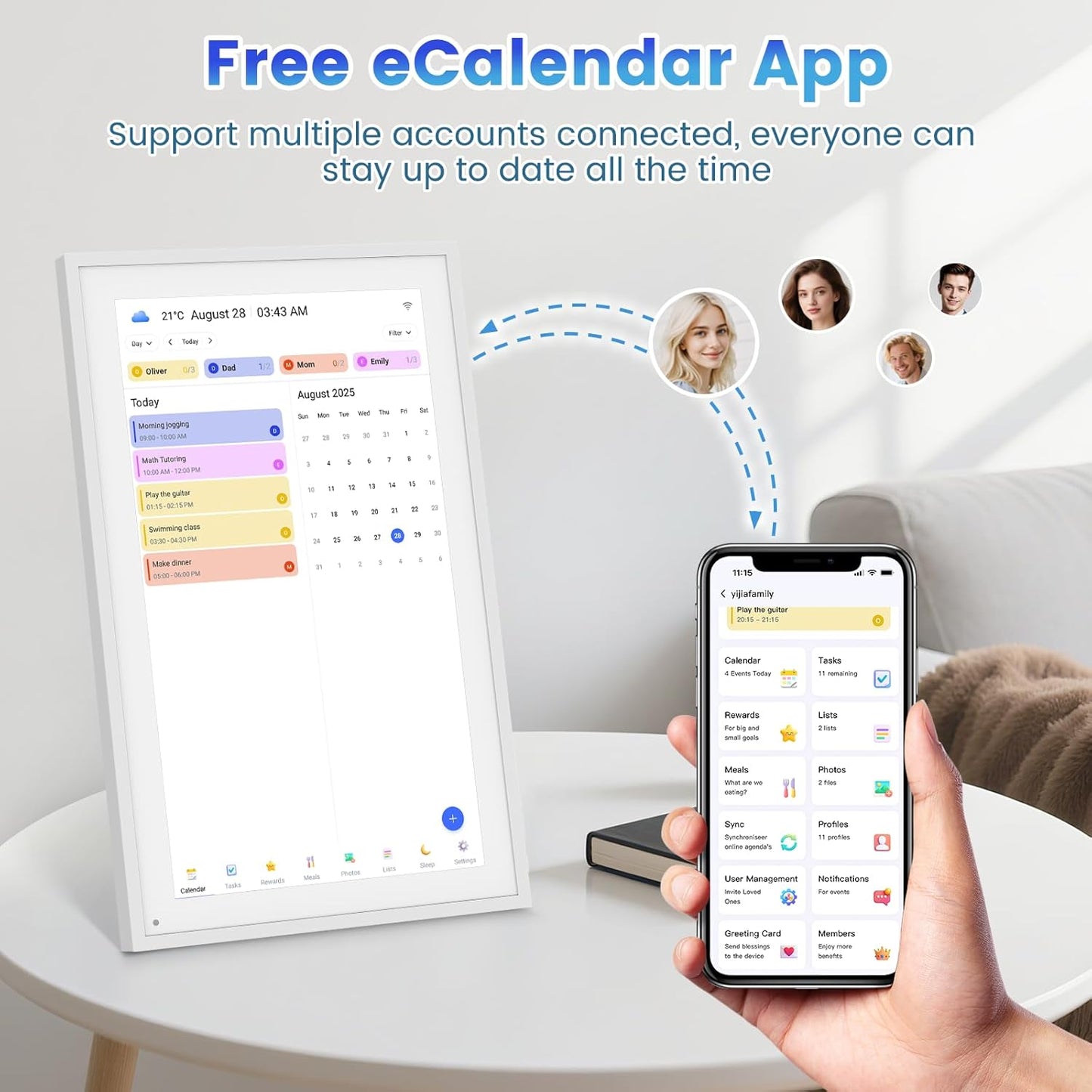 Digital Calendar, 15.6 Inch Smart Calendar & Chore Chart, 1920x1080 IPS Touchscreen Display for Family Schedule, Sync Schedules & Share Moments via App from Anywhere - Wall Mounted & Tabletop