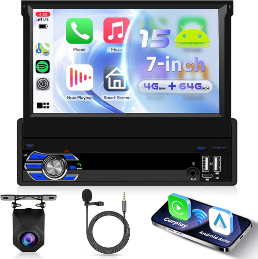 8 Core 4G + 64G Android 15 autoradio 1 Din met Carplay Android Auto draadloos, 7 inch HD inklapbaar scherm handmatig tactiel met Bluetooth Radio AM / FM / RDS DSP GPS 4G / Wi-Fi EQ 2USB / type