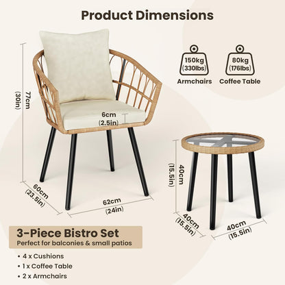 Pamapic 3-delige rotan bistroset, terrasbistroset met 2 stoelen en glazen salontafel, terrasmeubelset voor achtertuin, veranda en tuin