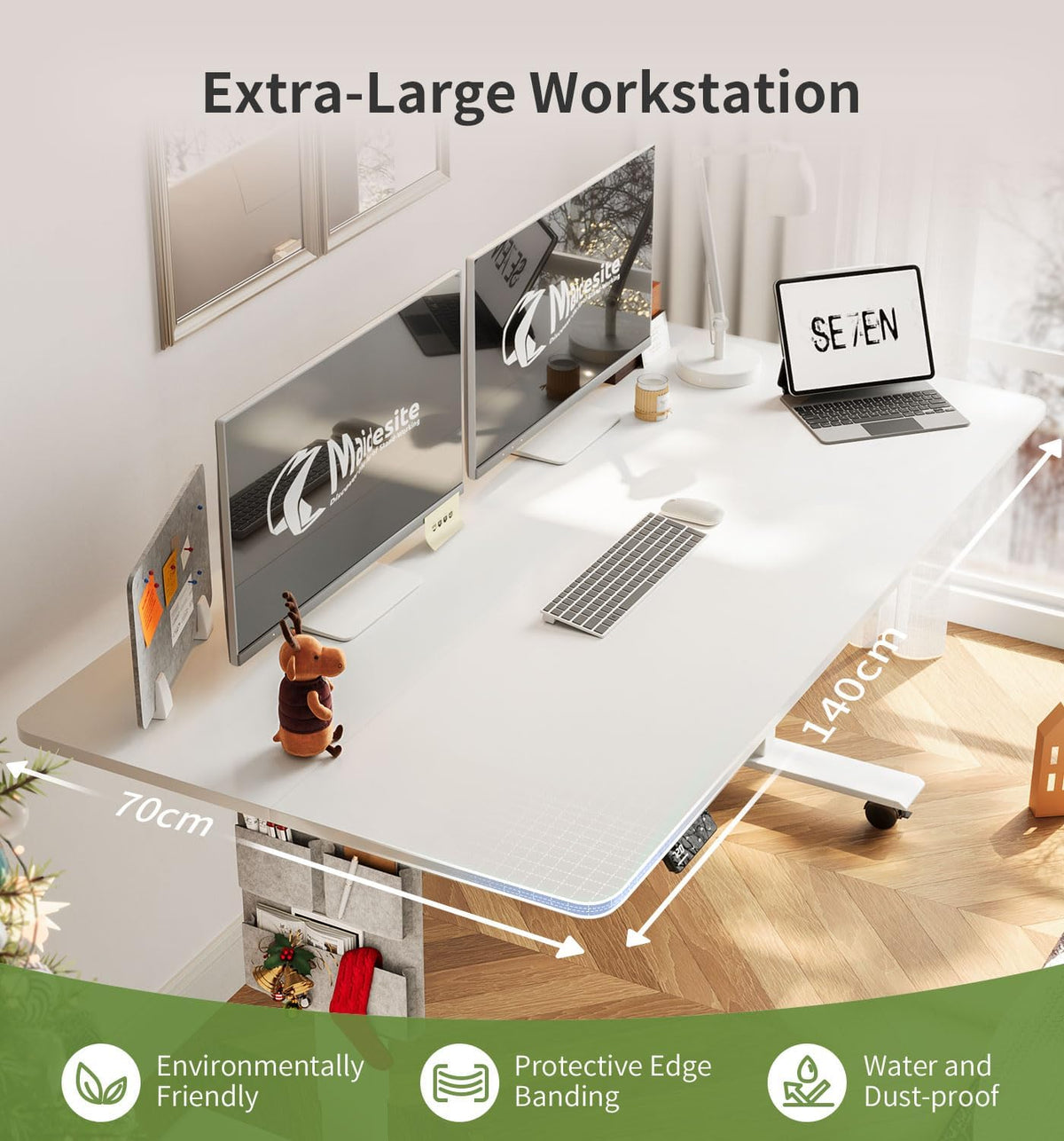 MAIDeSITe Height Adjustable Desk (140 x 70cm) Easy to Assemble Desk Height Adjustable Electric with 4 Memory Buttons and Memoboard and 360° Wheels Desk SN1 - QUORE