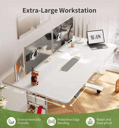 MAIDeSITe Height Adjustable Desk (140 x 70cm) Easy to Assemble Desk Height Adjustable Electric with 4 Memory Buttons and Memoboard and 360° Wheels Desk SN1 - QUORE