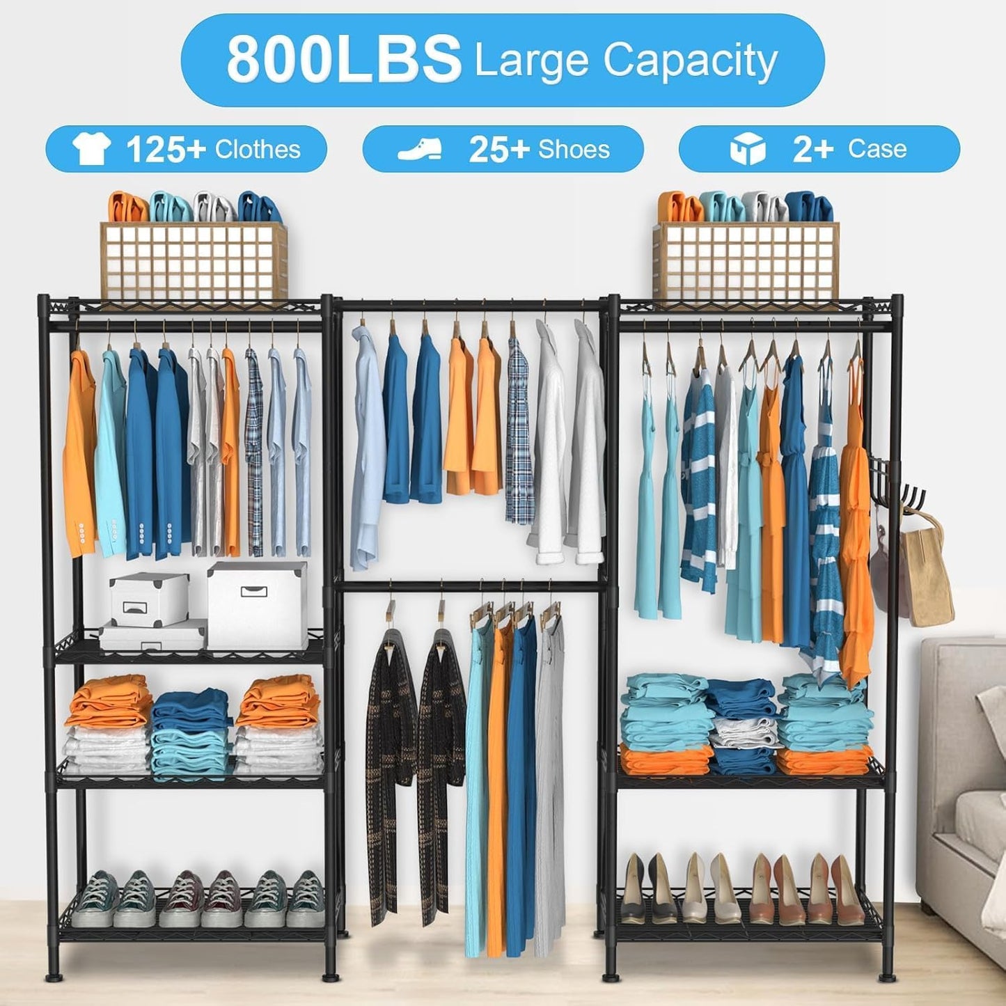 Kledingrek voor het ophangen van kleding, verstelbaar zwaar kledingrek met 4 hangstangen en 7 planken, belastbaar tot 800 lbs, 70 x 13,5 inch B x 76 inch H, zwart