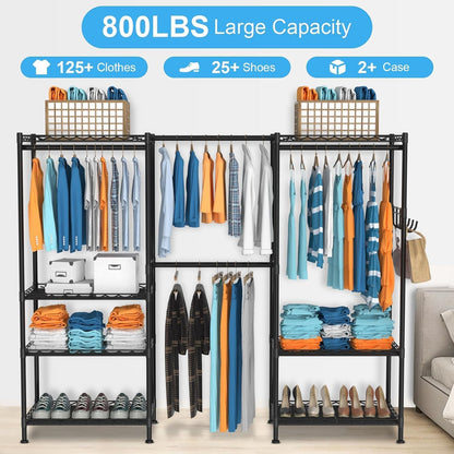 Kledingrek voor het ophangen van kleding, verstelbaar zwaar kledingrek met 4 hangstangen en 7 planken, belastbaar tot 800 lbs, 70 x 13,5 inch B x 76 inch H, zwart